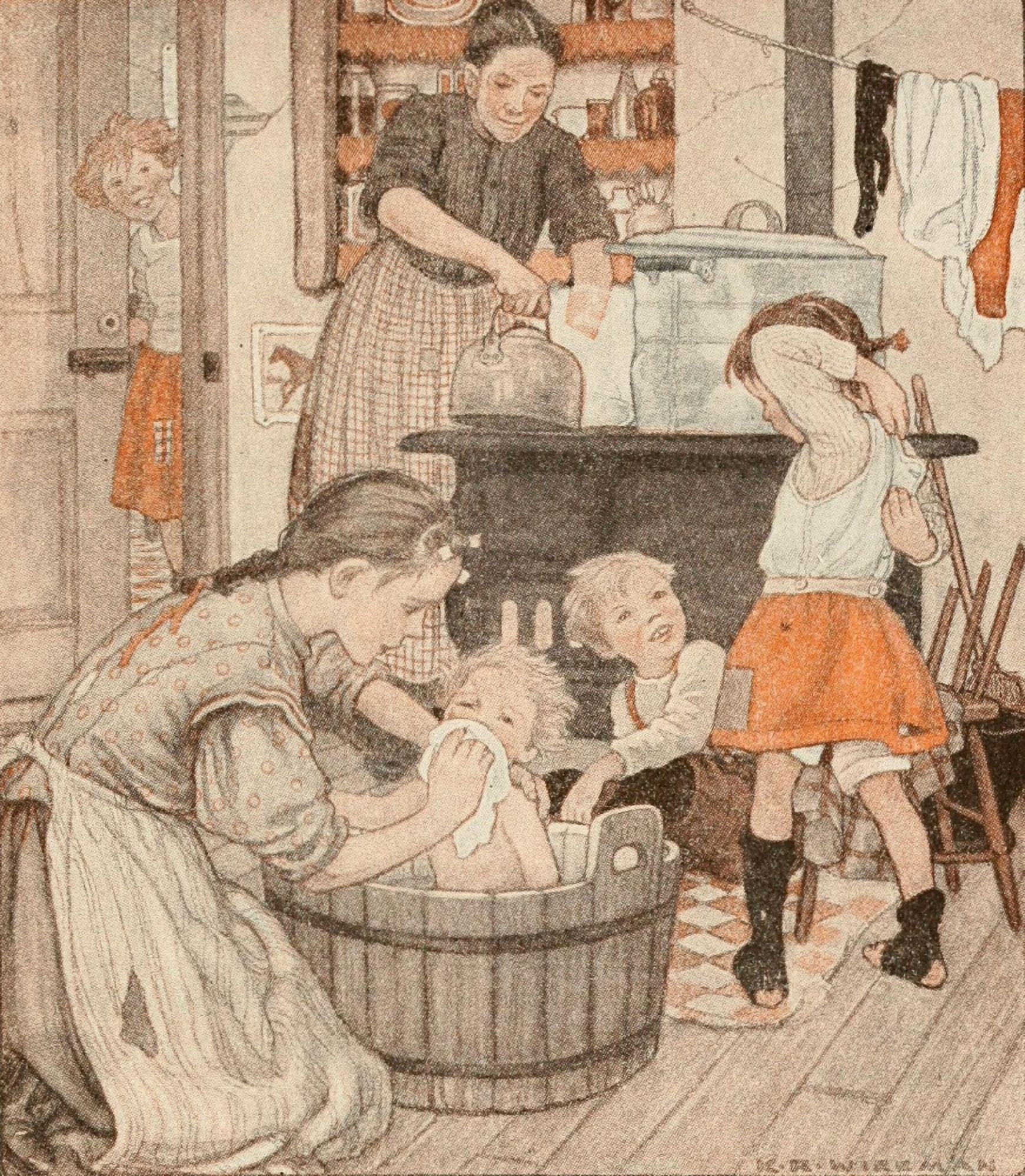 The Birds Christmas Carol 1912 Bath-time Canvas Art - Katherine Wireman (24 x 36)