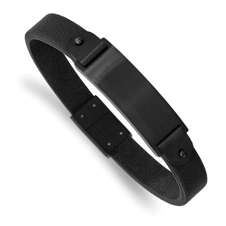 The Black Bow 10mm Black Plated Stainless Steel & Black Leather I.D. Bracelet 8.5 In