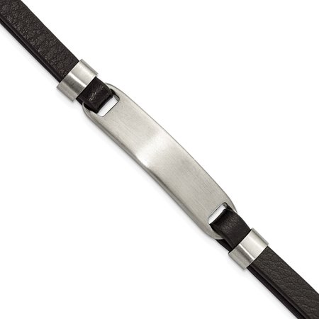 The Black Bow Brushed Stainless Steel Black Leather Adjustable I.D. Bracelet, 8 Inch