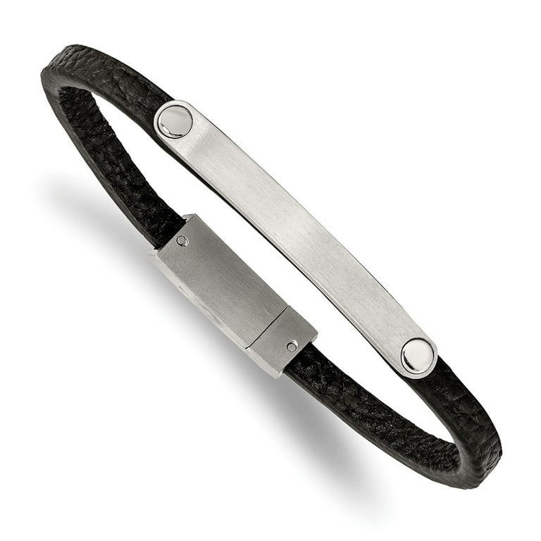 Stainless Steel Brushed Black Leather 8.25 inch ID Bracelet Stainless Steel Brushed Black Leather 8.25 inch ID Bracelet