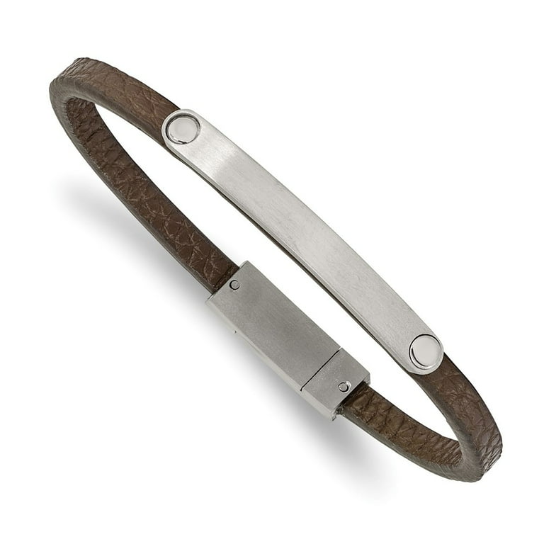 Stainless Steel Brushed Black Leather 8 inch ID Bracelet with Extension Stainless Steel Brushed Black Leather 8 inch ID Bracelet with Extension