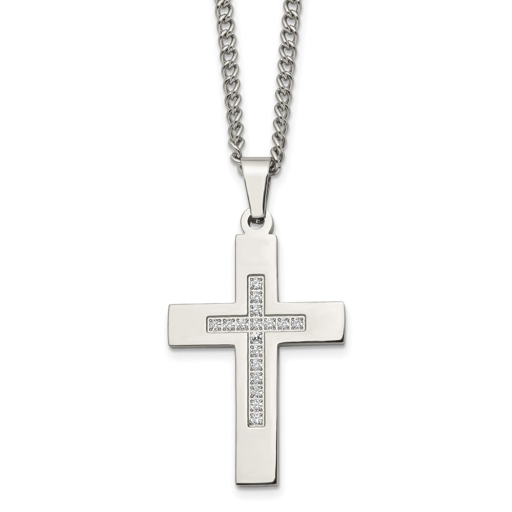 The Black Bow Men's Stainless Steel \u0026 CZ Polished Latin Cross Necklace, 24 Inch