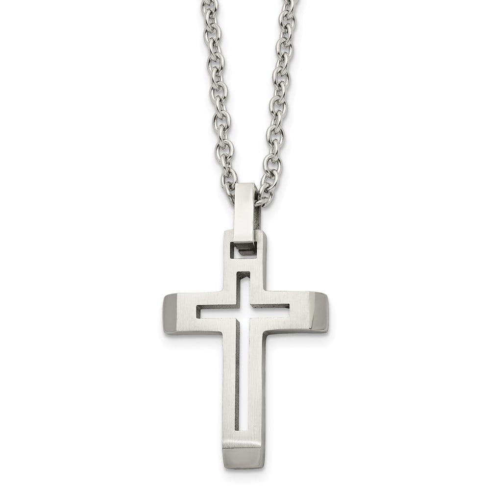 BLACK BOW JEWELRY COMPANY The Black Bow Mens Stainless Steel Brushed & Polished Voided Cross Necklace, 20 Inch