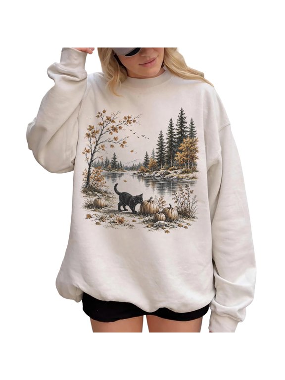 The Black Cat Autumn Lake Sweatshirt for Men and Women, Vintage Fall Cat Graphic Crewneck, Sizes S-3XL