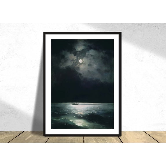 The Black Sea At Night Ivan Aivazovsky Vintage Poster Wall Decor Sea Travels Dark Artwork Ship Moon Poster, Unframed Paper Poster 8x10in