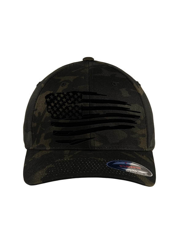 The Blackout American Flag 6277 Flex Fitted hat - Custom Embroidered Black USA Flag Flex-Fitted Baseball hat (L/XL, Multicam Black Camo)