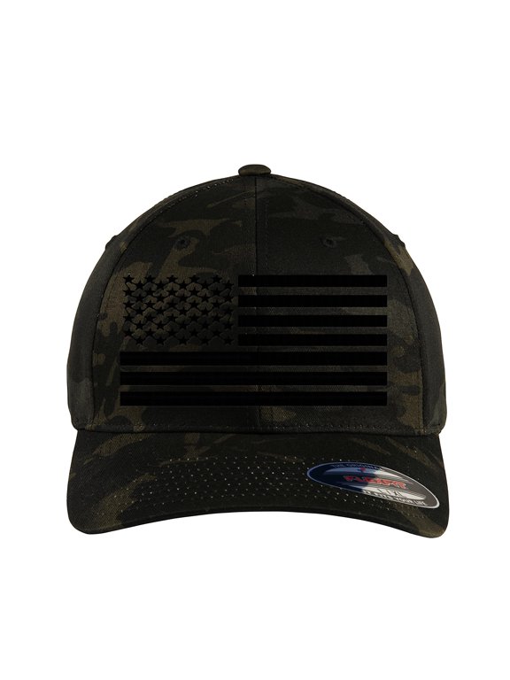 The Blackout American Flag 6277 Flex Fitted hat - Custom Embroidered Black USA Flag Flex-Fitted Baseball hat (Large-X-Large, Black Multicam)