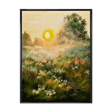 The Blossoming Field With Sunrise 12 in x 20 in Framed Painting Canvas Art Print, by Designart