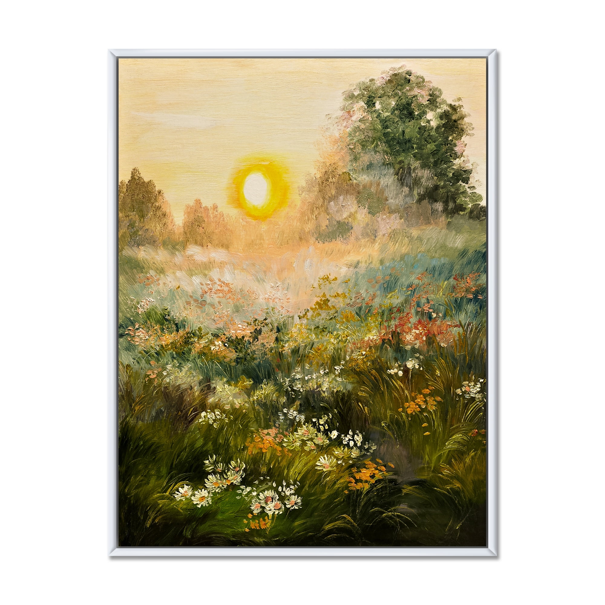 The Blossoming Field With Sunrise 16 in x 32 in Framed Painting Canvas Art Print, by Designart
