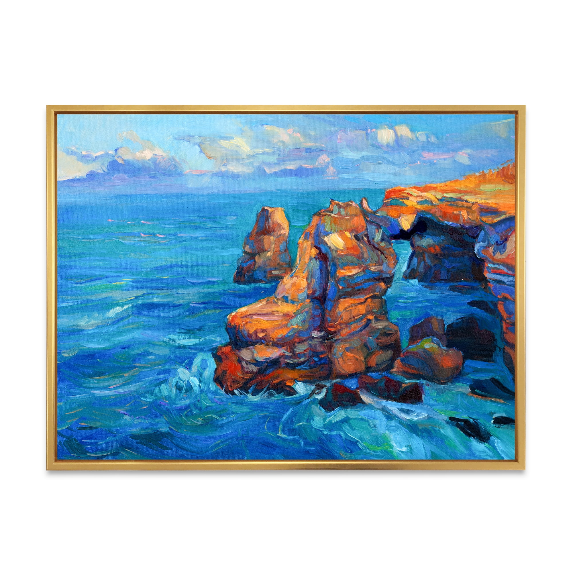 The Blue Ocean By Rocky Cliffs 20 in x 12 in Framed Painting Canvas Art Print, by Designart