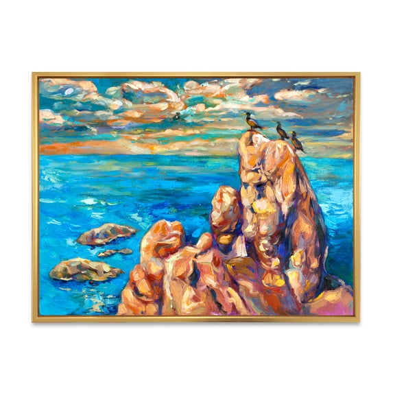 The Blue Ocean By Rocky Cliffs I 32 in x 16 in Framed Painting Canvas Art Print, by Designart