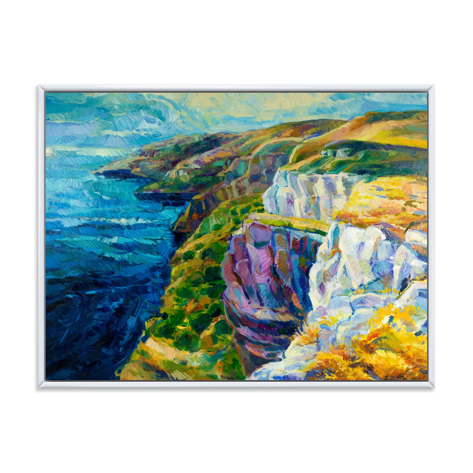 The Blue Ocean By Rocky Cliffs II 32 in x 16 in Framed Painting Canvas Art Print, by Designart