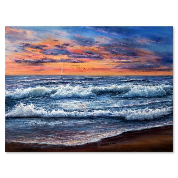 The Blue Ocean In Sunset Evening II 12 in x 8 in Painting Canvas Art Print, by Designart