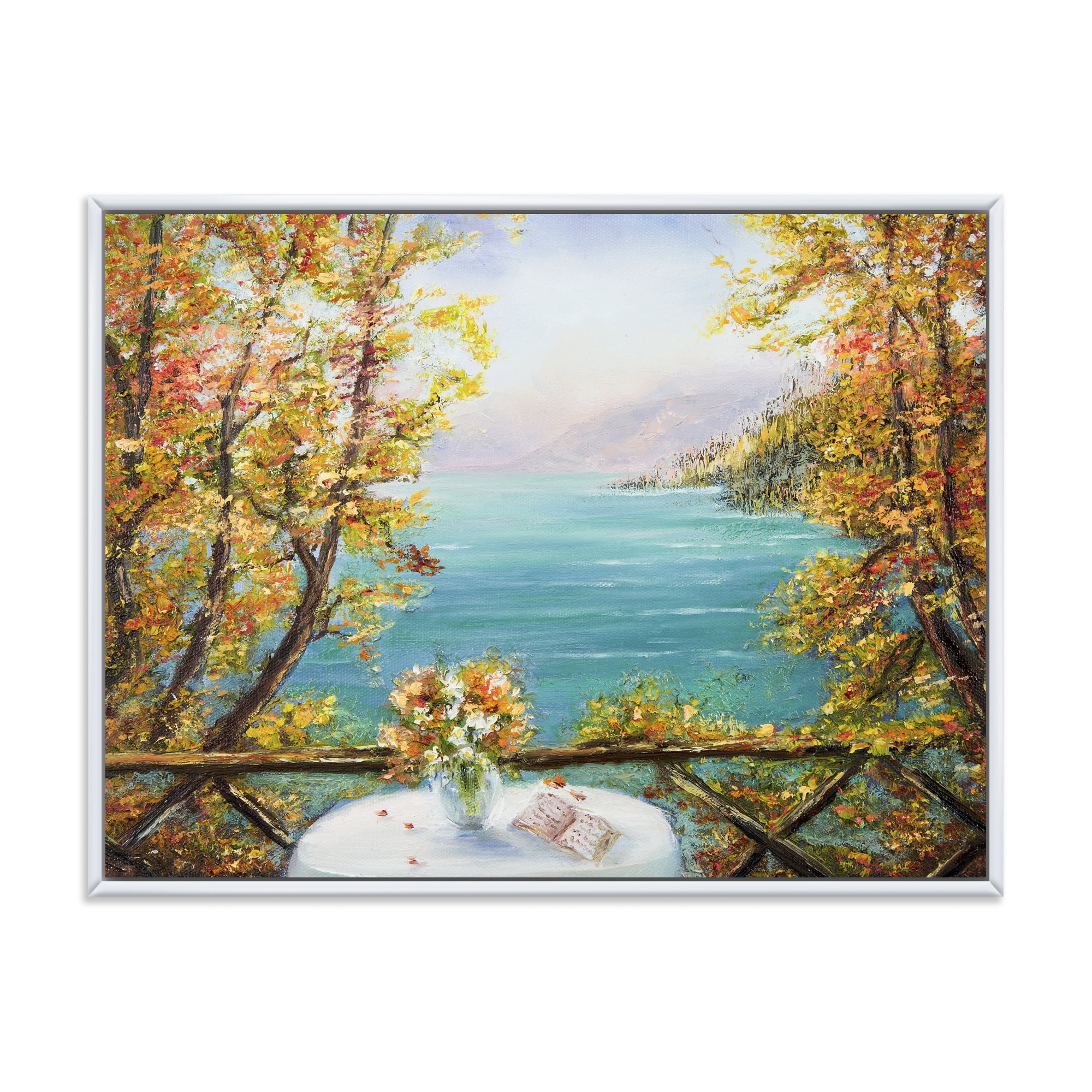 The Blue Ocean View From Terrace 20 in x 12 in Framed Painting Canvas Art Print, by Designart