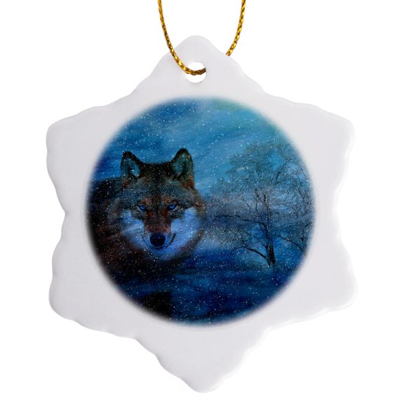 3drose, the Blue Wolf Is a Digital Composition of Six Photographic Elements., 3 inch Snowflake Porcelain Ornament