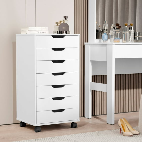 The Boahaus Angelique White 7-Drawer Dresser Chest with Caster Wheels for Adults