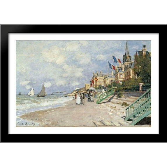 The Boardwalk on the Beach at Trouville 40x28 Large Black Wood Framed Print Art by Claude Monet