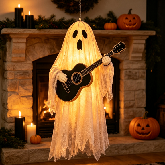 The Boo Crew Light Up Ghost Band, Hanging Halloween Ghost Musician Decor with Instruments for Porch Window Party