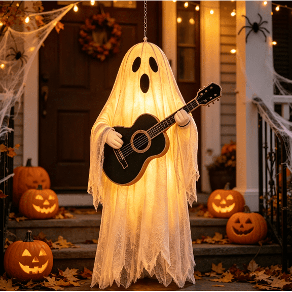 The Boo Crew Light Up Ghost Band, Hanging Lighted Ghost Musician Ornaments for Covered Porch Window Halloween Decor
