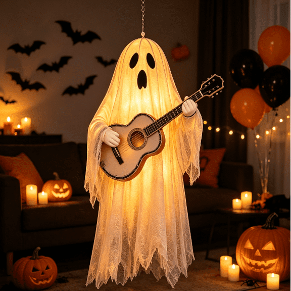 The Boo Crew Light Up Ghost Band, Novelty Halloween Hanging Lighted Ghost Musician Set for Holiday Party Decor