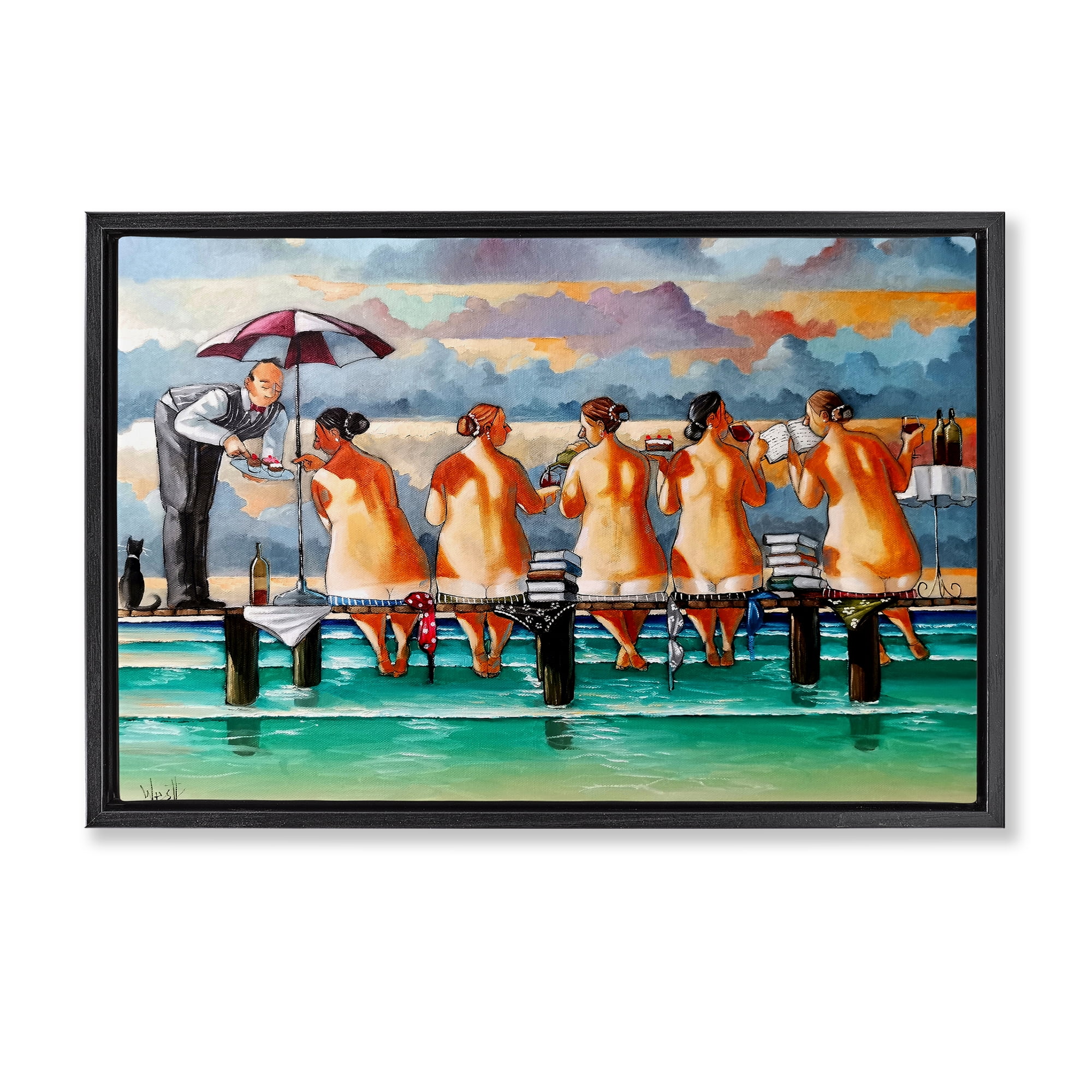 The Book Club Beachgoers Black Framed Floater Canvas Wall Art, design by Ronald West
