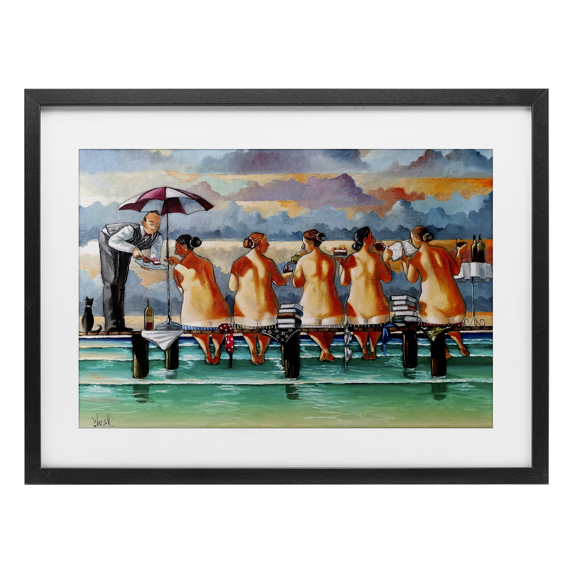 The Book Club Beachgoers Black Framed Print Under Glass, design by Ronald West
