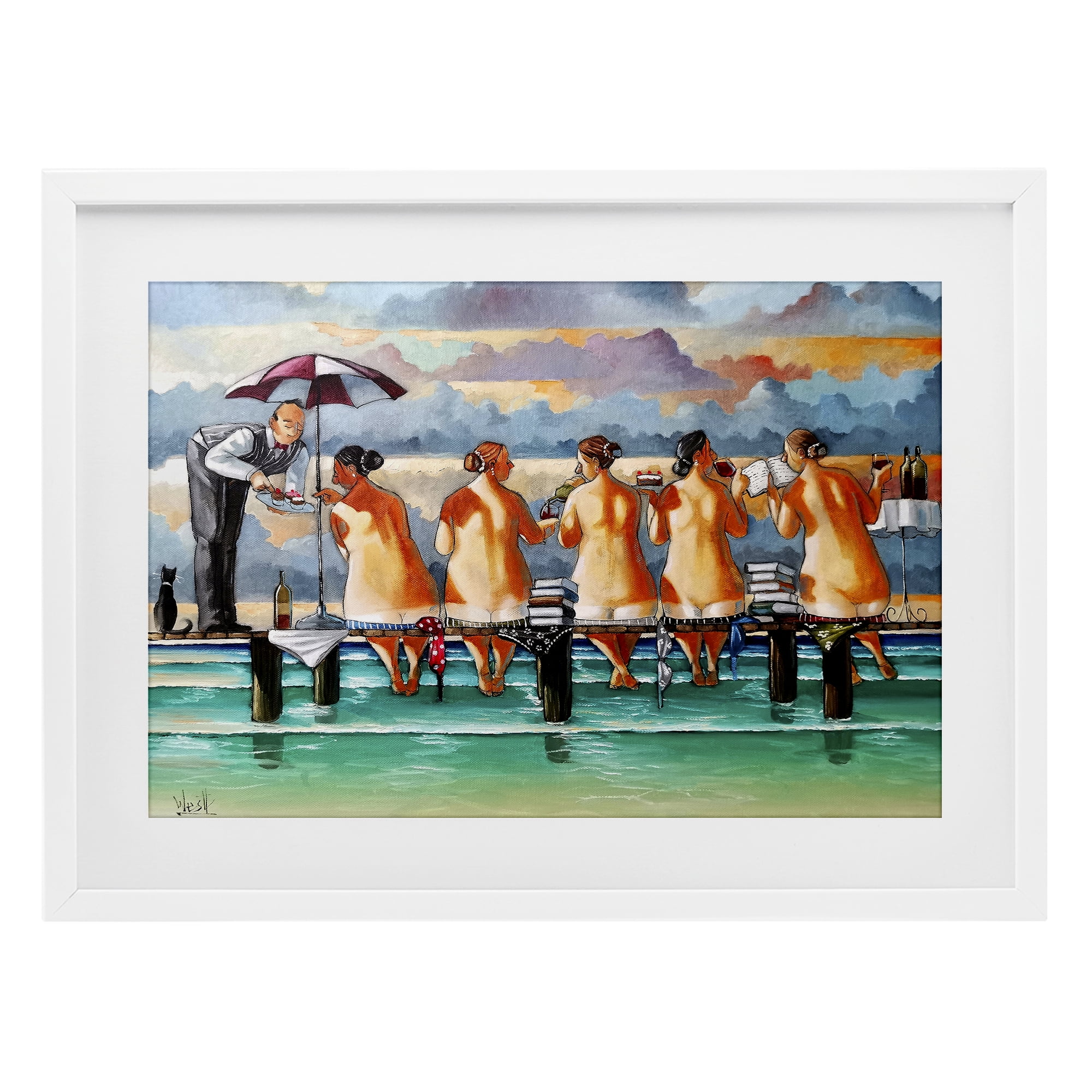 The Book Club Beachgoers White Framed Print Under Glass, design by Ronald West