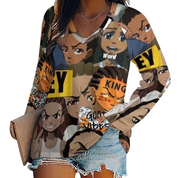 The Boondocks Womens T Shirts V Neck Long Sleeve Tops Causal Loose Summer T-Shirts M