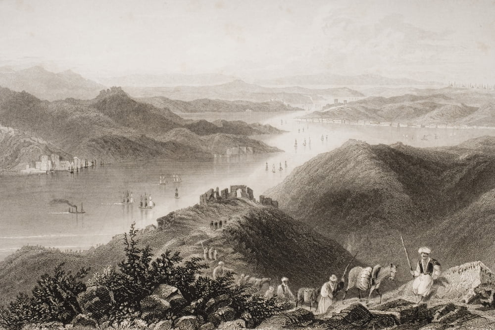 The Bosphorous Opposite The Genoese Castle Engraved By E Benjamin After WH Bartlett Canvas Art - Ken Welsh Design Pics (18 x 12)