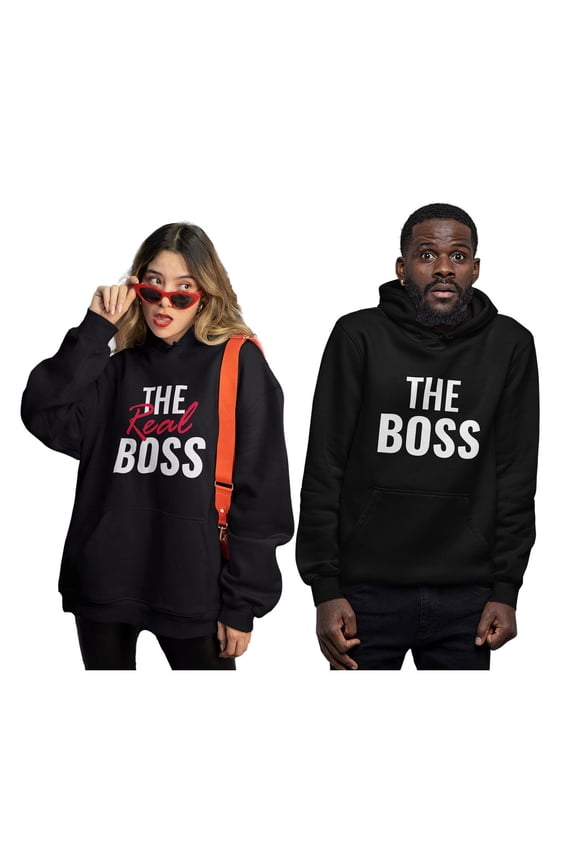 "The Boss & The Real Boss" - Funny Matching Couple Hoodie Set - Ideal Gift for Anniversaries, Valentine's Day, Weddings - Comfy His & Hers Hoodies - Black X-Large / Women Black Medium