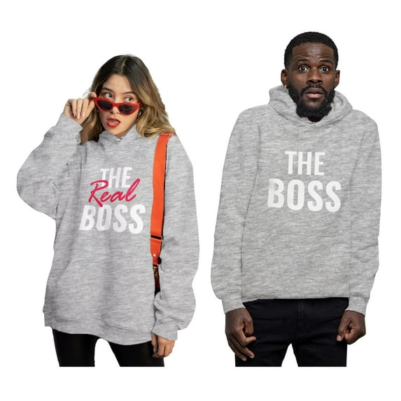 "The Boss & The Real Boss" - Funny Matching Couple Hoodie Set - Ideal Gift for Anniversaries, Valentine's Day, Weddings - Comfy His & Hers Hoodies - Gray Medium / Women Gray XX-Large