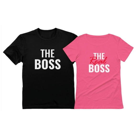 The Boss & The Real Boss Funny Matching T-Shirts - Perfect for Husband & Wife - Great Gift for Couples - Anniversary, Valentine's Day, Christmas Gifts - Black Medium / Women Pink X-Large