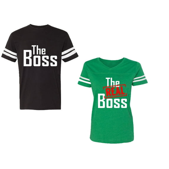 The Boss The Real Boss Unisex Couple Matching Cotton Jersey style T-Shirt Contrasting stripes on sleeves (Men Black / Women Green) (Men XXL / Women L)