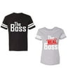 thumbnail image 1 of The Boss The Real Boss Unisex Couple Matching Cotton Jersey style T-Shirt Contrasting stripes on sleeves (Men Black / Women Heather) (Men M / Women XL), 1 of 3