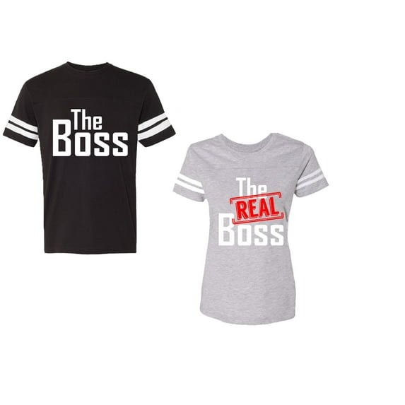 The Boss The Real Boss Unisex Couple Matching Cotton Jersey style T-Shirt Contrasting stripes on sleeves (Men Black / Women Heather) (Men XL / Women L)