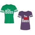 thumbnail image 1 of The Boss The Real Boss Unisex Couple Matching Cotton Jersey style T-Shirt Contrasting stripes on sleeves (Men Green / Women Purple) (Men L / Women XXL), 1 of 3