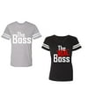 thumbnail image 1 of The Boss The Real Boss Unisex Couple Matching Cotton Jersey style T-Shirt Contrasting stripes on sleeves (Men Heather / Women Black) (Men L / Women M), 1 of 3