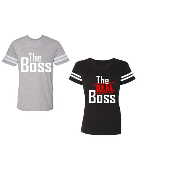 The Boss The Real Boss Unisex Couple Matching Cotton Jersey style T-Shirt Contrasting stripes on sleeves (Men Heather / Women Black) (Men S / Women S)