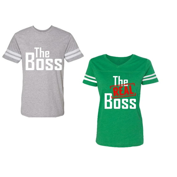 The Boss The Real Boss Unisex Couple Matching Cotton Jersey style T-Shirt Contrasting stripes on sleeves (Men Heather / Women Green) (Men S / Women XXL)