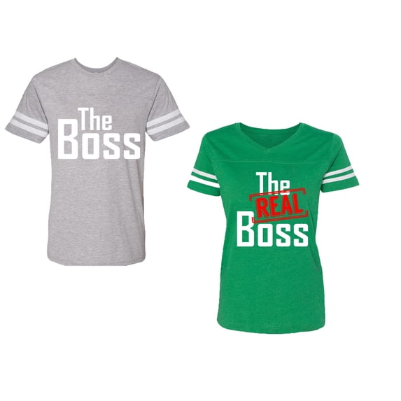 The Boss The Real Boss Unisex Couple Matching Cotton Jersey style T-Shirt Contrasting stripes on sleeves (Men Heather / Women Green) (Men XL / Women XL)