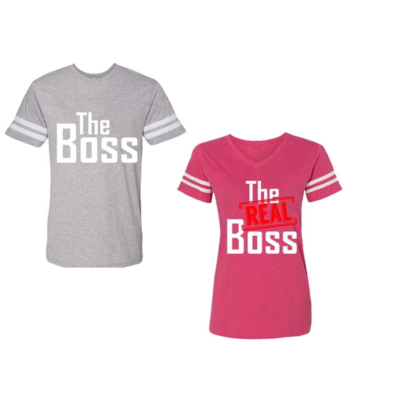 The Boss The Real Boss Unisex Couple Matching Cotton Jersey style T-Shirt Contrasting stripes on sleeves (Men Heather / Women Pink) (Men XXL / Women S)