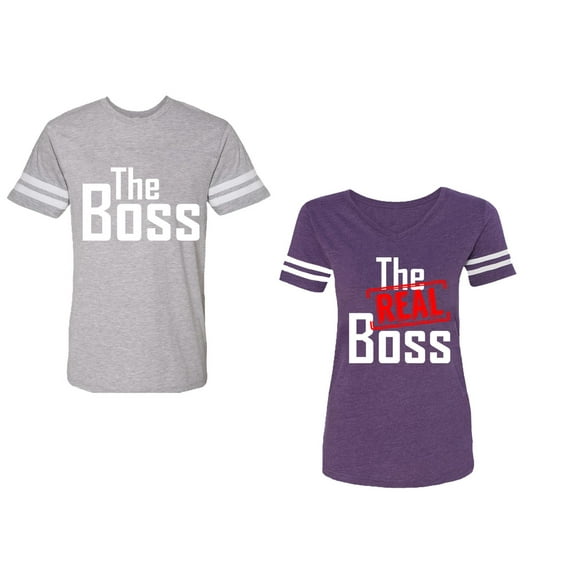 The Boss The Real Boss Unisex Couple Matching Cotton Jersey style T-Shirt Contrasting stripes on sleeves (Men Heather / Women Purple) (Men S / Women M)
