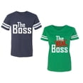 thumbnail image 1 of The Boss The Real Boss Unisex Couple Matching Cotton Jersey style T-Shirt Contrasting stripes on sleeves (Men Navy / Women Green) (Men XXL / Women XXL), 1 of 3