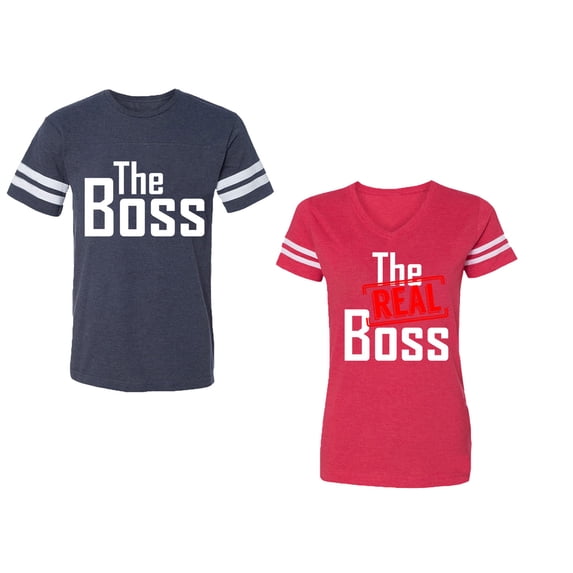 The Boss The Real Boss Unisex Couple Matching Cotton Jersey style T-Shirt Contrasting stripes on sleeves (Men Navy / Women Red) (Men XXXL / Women XXL)