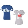 thumbnail image 1 of The Boss The Real Boss Unisex Couple Matching Cotton Jersey style T-Shirt Contrasting stripes on sleeves (Men Royal / Women Heather) (Men XL / Women L), 1 of 3