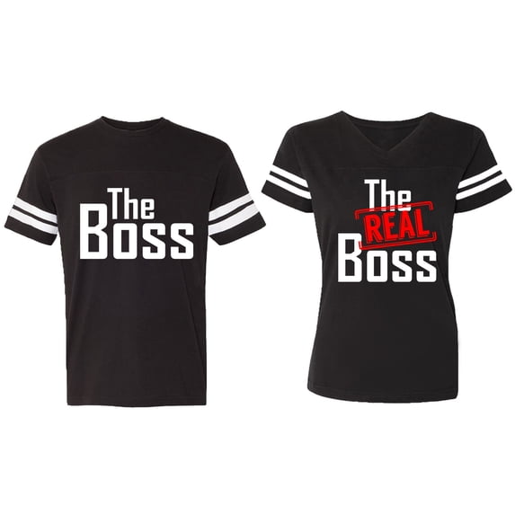 The Boss The Real Boss Matching Couple Cotton Jerseys (Men Black / Women Black) (Men XL / Women L)