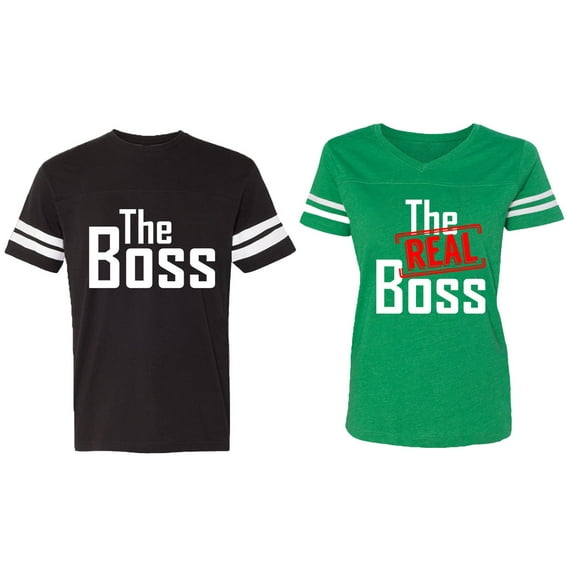 The Boss The Real Boss Matching Couple Cotton Jerseys (Men Black / Women Green) (Men XL / Women M)