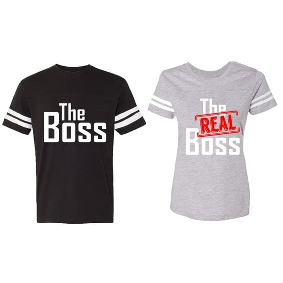 The Boss The Real Boss Matching Couple Cotton Jerseys (Men Black / Women Heather) (Men M / Women M)