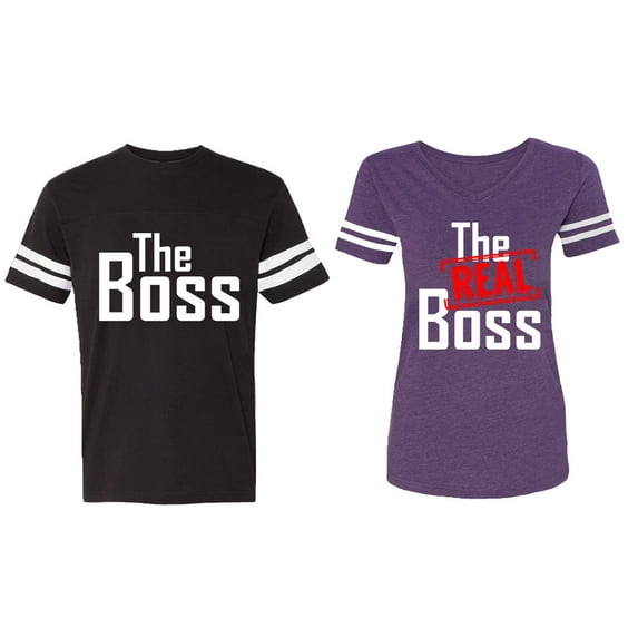 The Boss The Real Boss Matching Couple Cotton Jerseys (Men Black / Women Purple) (Men L / Women XXL)
