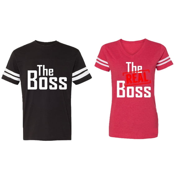 The Boss The Real Boss Matching Couple Cotton Jerseys (Men Black / Women Red) (Men S / Women XXL)